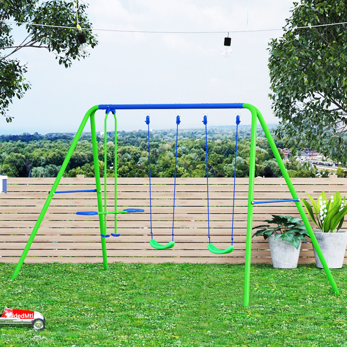 Metal 2 Swings & Seesaw Set Height Adjustable Outdoor Play Set, Green Outsunny