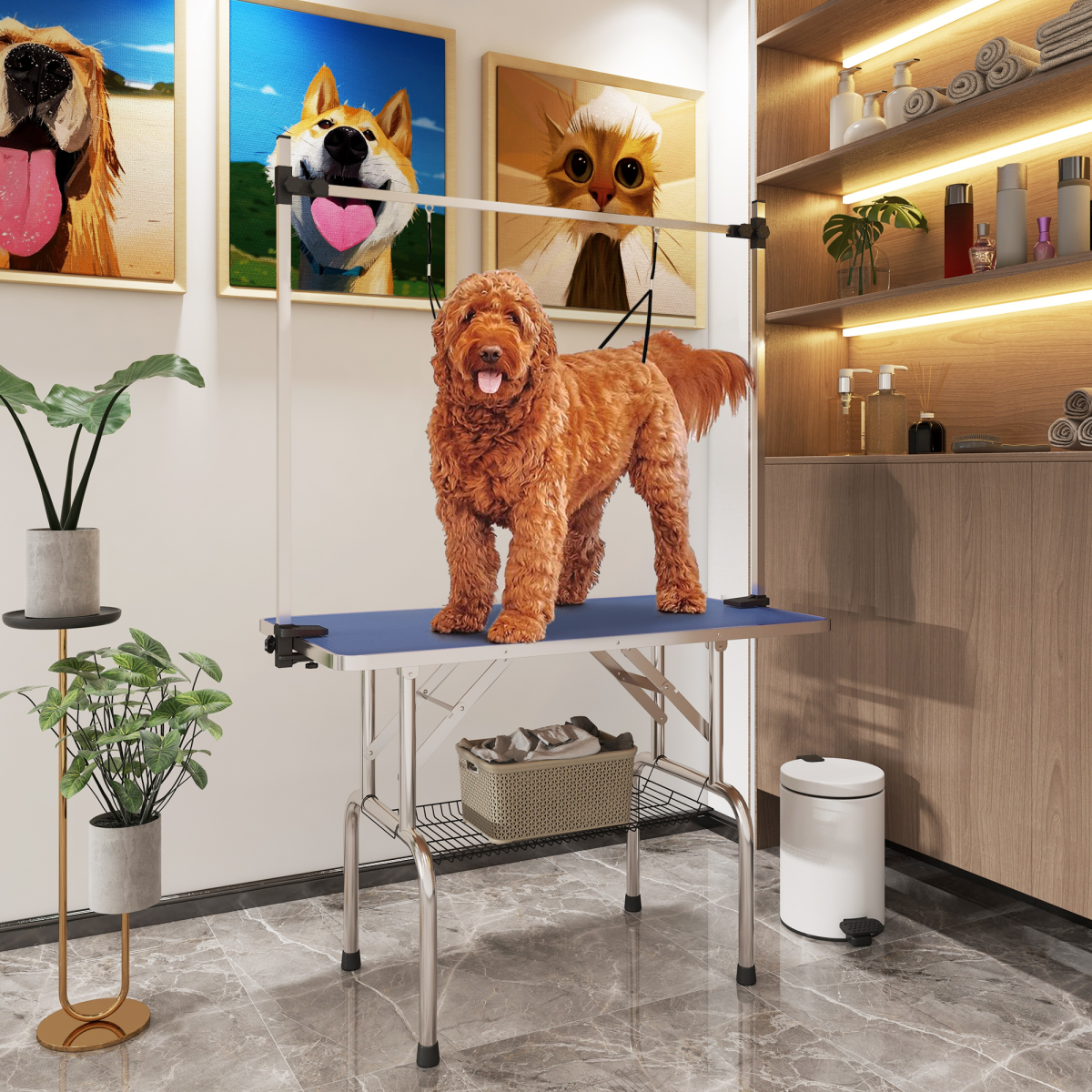 Metal Adjustable Dog Grooming Table Rubber Top 2 Safety Slings Mesh  Pawhut