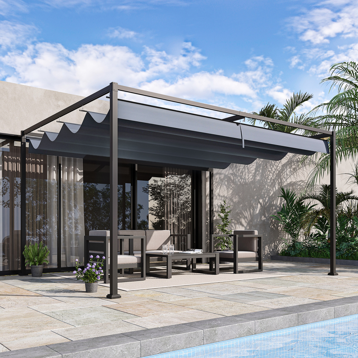 4 x 3m Metal Pergola Gazebo Patio Sun Shelter Retractable Canopy Grey Outsunny
