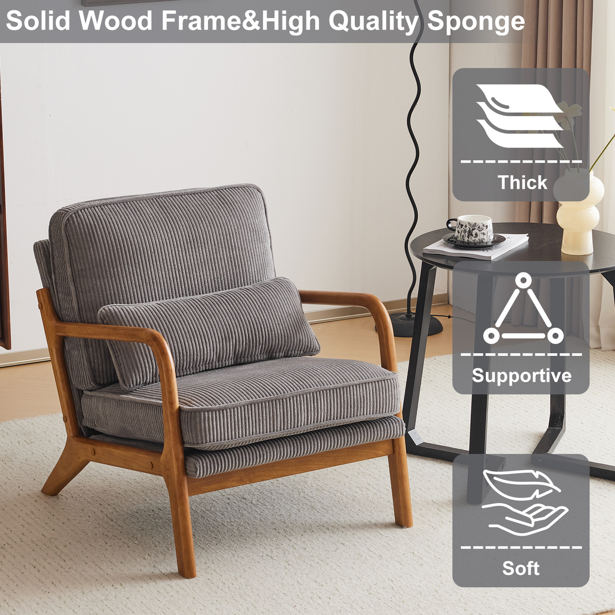 Low Arm Accent Chair - Light Gray Corduroy Upholstered Indoor Lounge Chair, Compact Single Seater with Sturdy Frame (330LBS Weight Capacity)