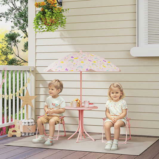 AIYAPLAY Kids Garden Table and Chair Set, Outdoor Patio Set w/ Parasol, Pink
