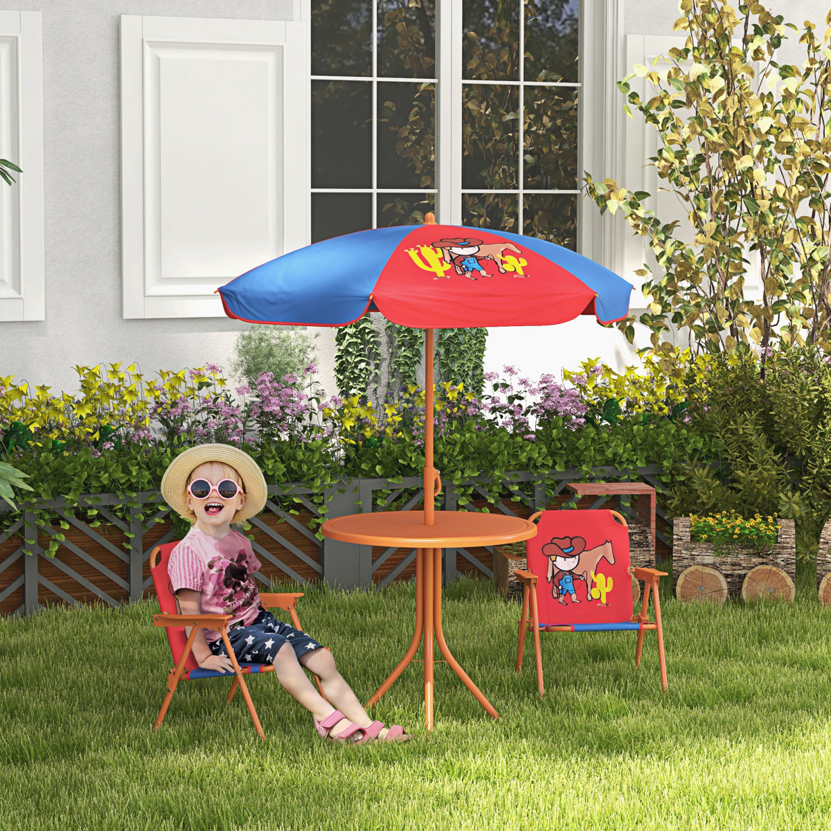 Outsunny Kids Bistro Table and Chair Set with Cowboy Theme, Adjustable Parasol