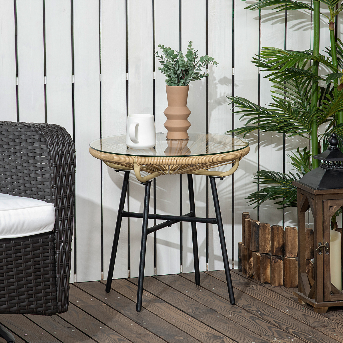 Rattan Side Table with Round PE Rattan and Tempered Glass Table Top