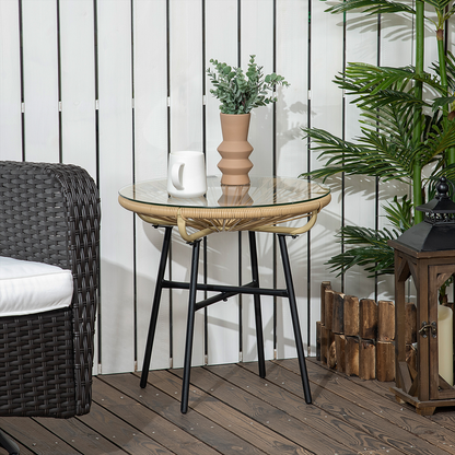 Rattan Side Table with Round PE Rattan and Tempered Glass Table Top