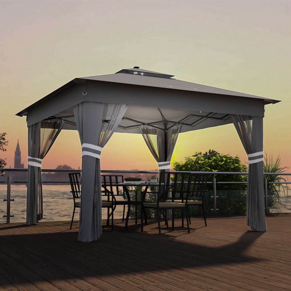 Outsunny 3x3(m) Pop Up Gazebo w/ Solar-Powered LED Lights Curtain Netting Grey