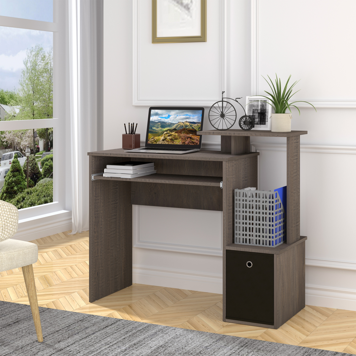 Computer Desk with Sliding Keyboard Tray Storage Drawer Shelf  Grey