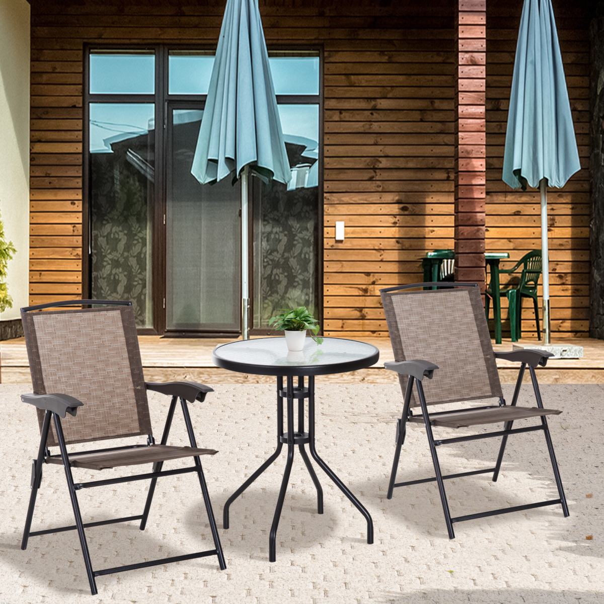 3 PCS Patio Furniture Bistro Set with Folding Chairs Tempered Glass Table Brown
