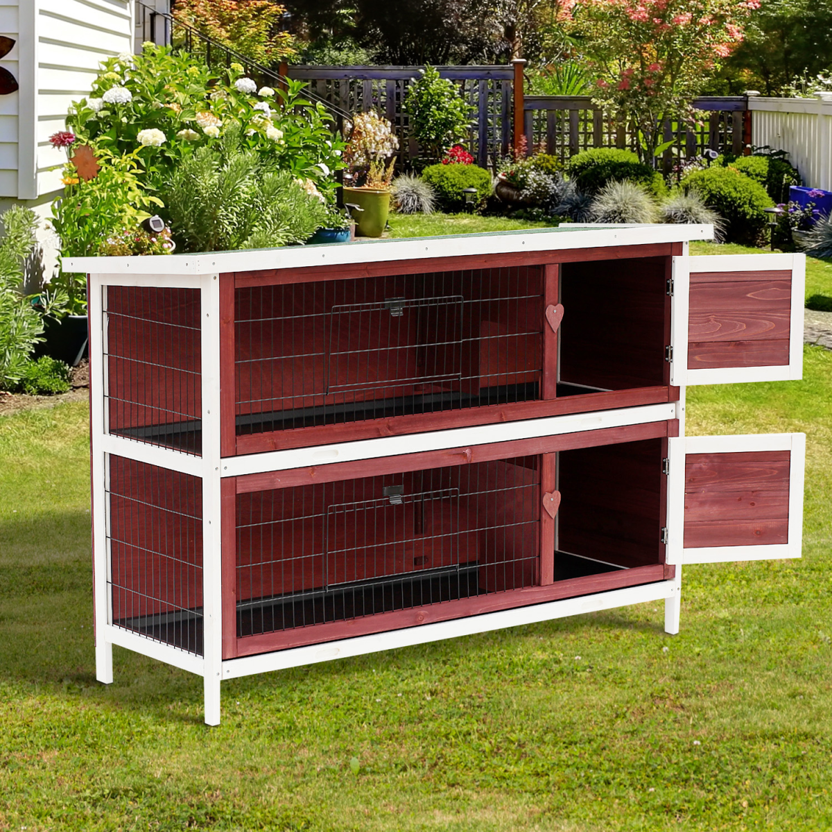 Two-Tier Elevated Wooden Rabbit Hutch Bunny Cage for Small Pet Animals w/ Tray