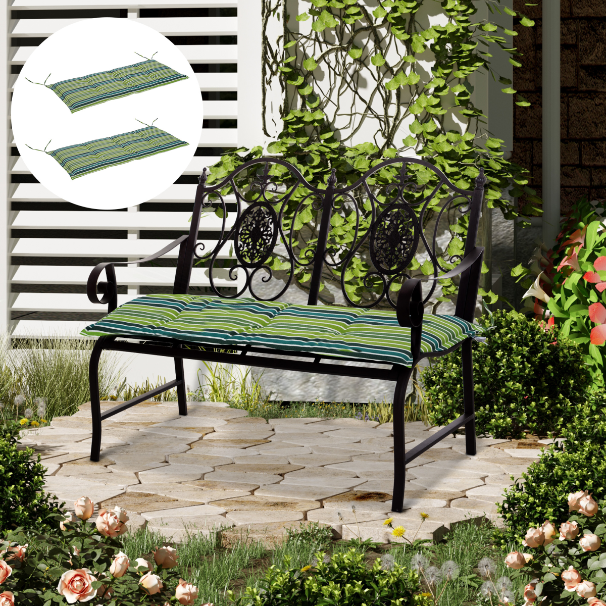 2 PCS Patio Bench Swing Chairs Garden Chairs 2 Seat Cushion Mat Strips Green