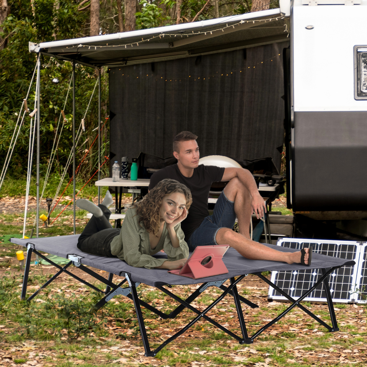 Outsunny Double Camping Folding Cot Outdoor Portable Sunbed w/ Carry Bag, Grey