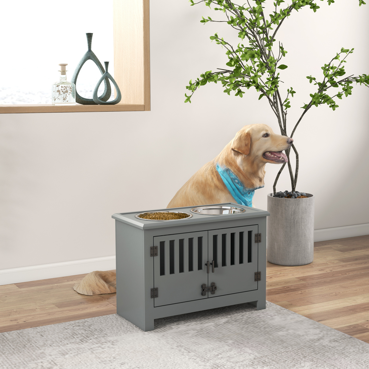 PawHut Raised Dog Bowls for Large Dogs Feeding Station with Stand Storage - Grey
