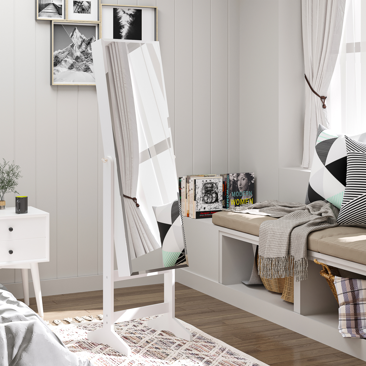 MDF Freestanding Glass Mirror Jewellery Cabinet White