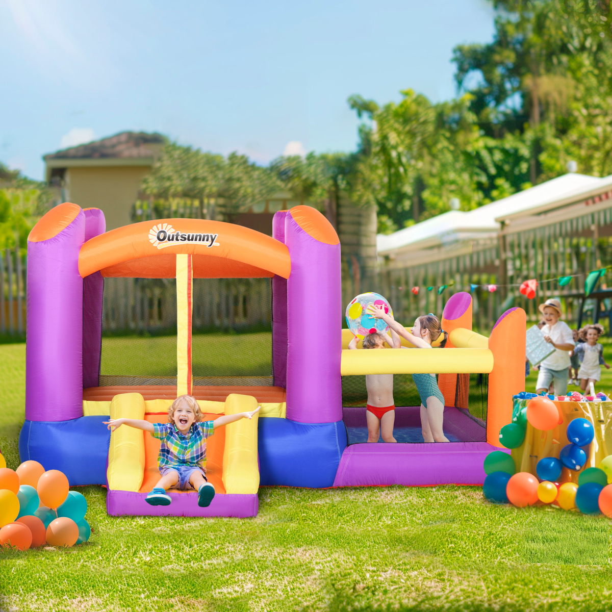 Bouncy Castle with Slide Pool House Inflatable w/ Blower Multi-color Outsunny