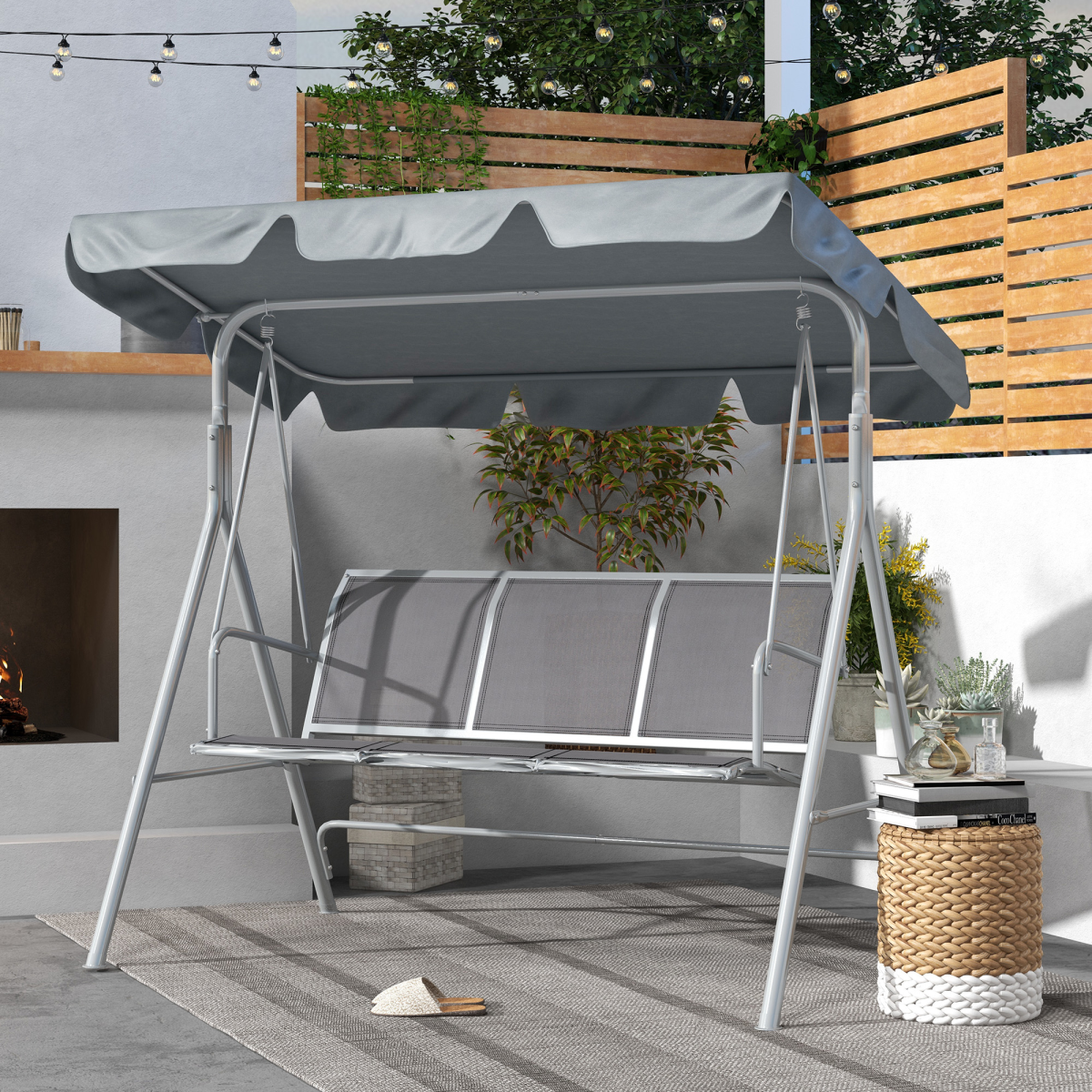 Outsunny Metal Swing Chair Garden Hammock 3 Seater Patio Bench with Canopy, Grey