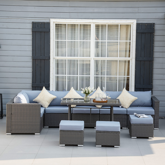 10 Pcs Rattan Sofa Set-Grey/Dusty Blue Cushion