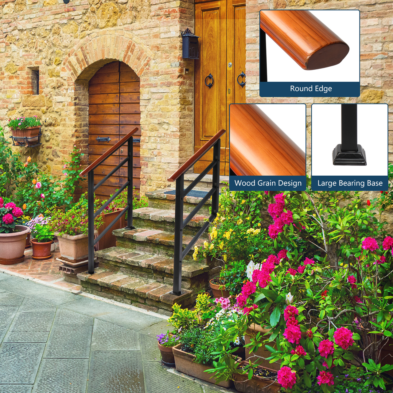 【Replace 80617397】Handrails for Outdoor Steps, Wrought Iron Solid Wood Hand Railing for Concrete Steps, Porch Steps, Wooden Steps, Fits 1 to 3 Steps