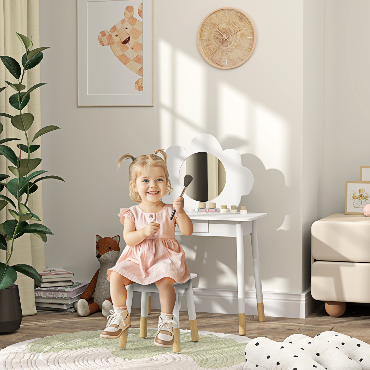AIYAPLAY Kids Dressing Table with Mirror and Stool, Drawer, Cloud Design