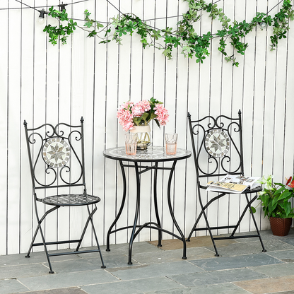 3Pc Mosaic Tile Garden Bistro Set Folding Chairs