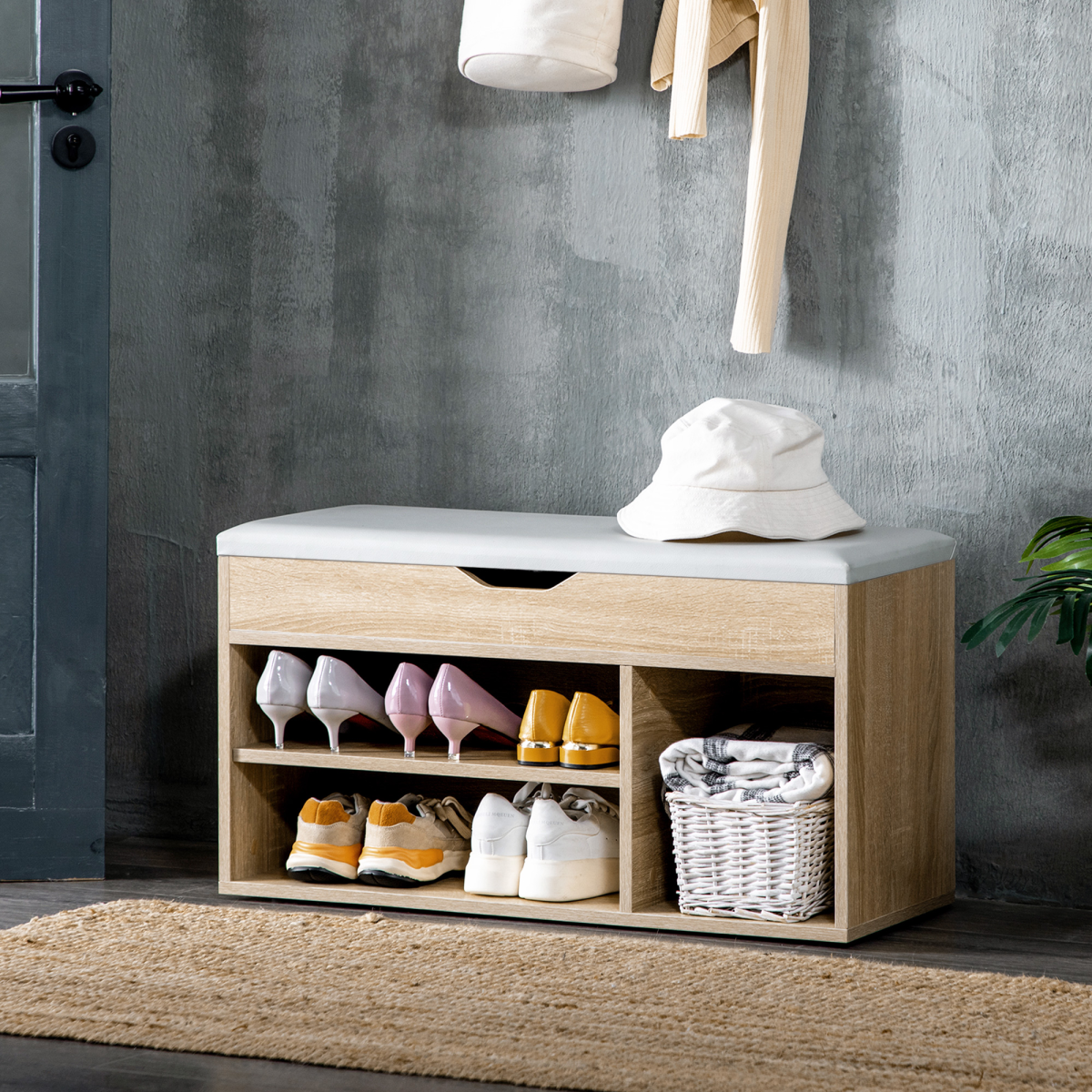Sit-On Shoe Storage w/ Hidden Compartment Handles Sponge Top 80x30x43 cm Grey