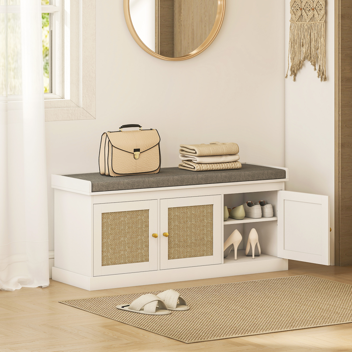 HOMCOM Shoe Storage Bench with Rattan Doors, Cushion, Entryway Shoe Bench