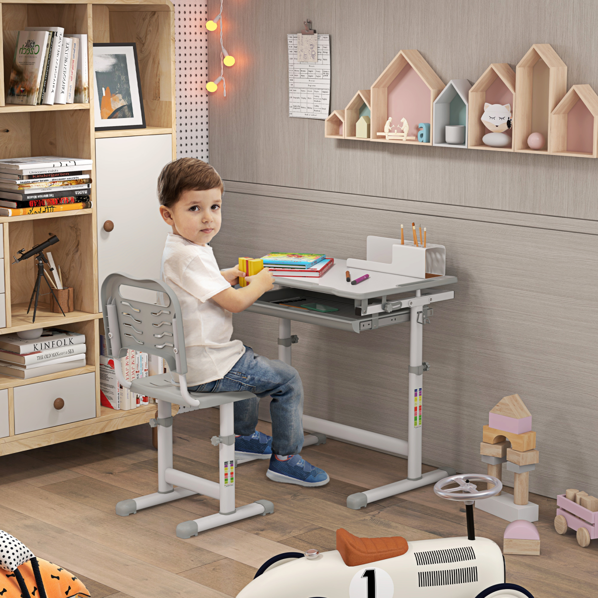 Kids Desk and Chair Set Adjustable Tiltable w/ Drawer, Pen Slot, Hook