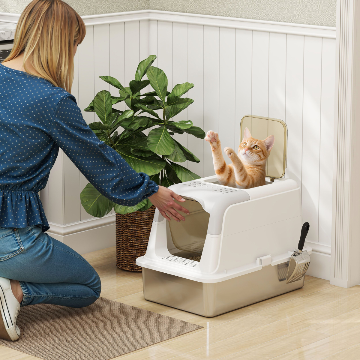 PawHut Stainless Steel Litter Box, Enclosed Metal Litter Tray with Scoop