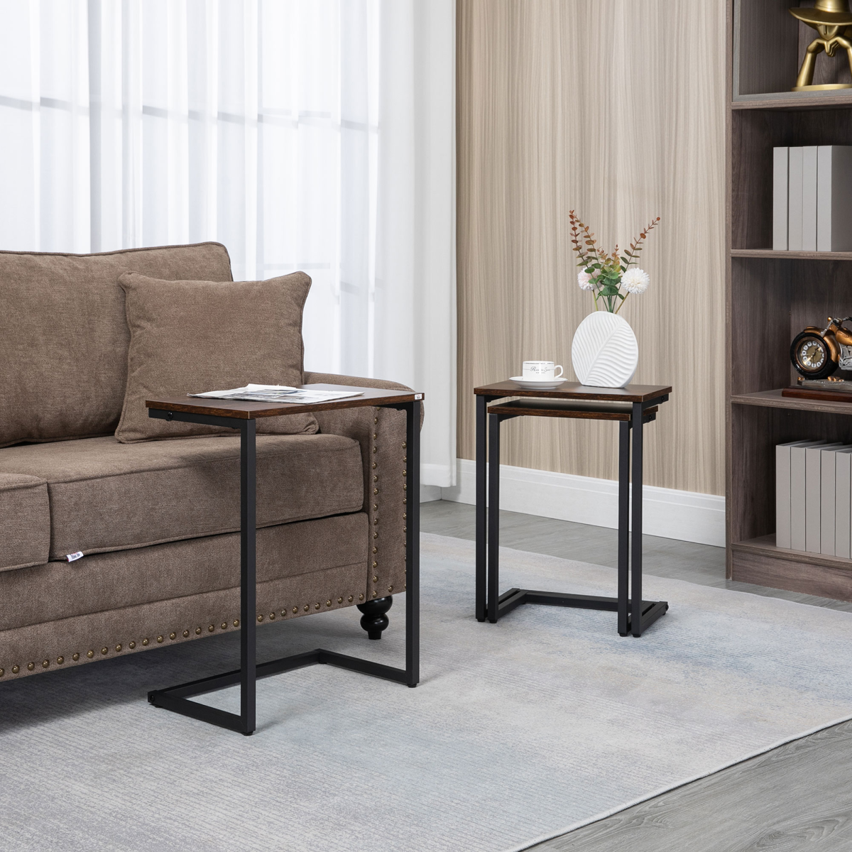 HOMCOM C-Shaped Nesting Tables Set of 3 with Steel Frame, Rustic Brown