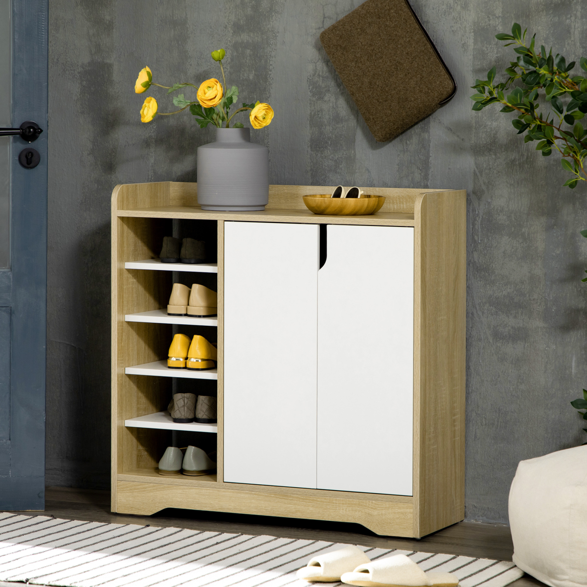 Shoe Storage Organizer w/ Double Door Cabinet Open Shelves for Hallway Entryway