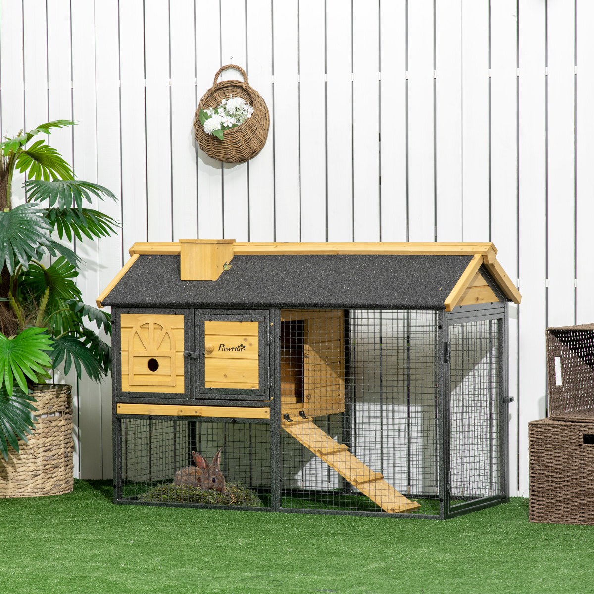 PawHut Rabbit Hutch Outdoor Bunny Cage w/ Run, Removable Tray 120 x 55.5 x 80cm