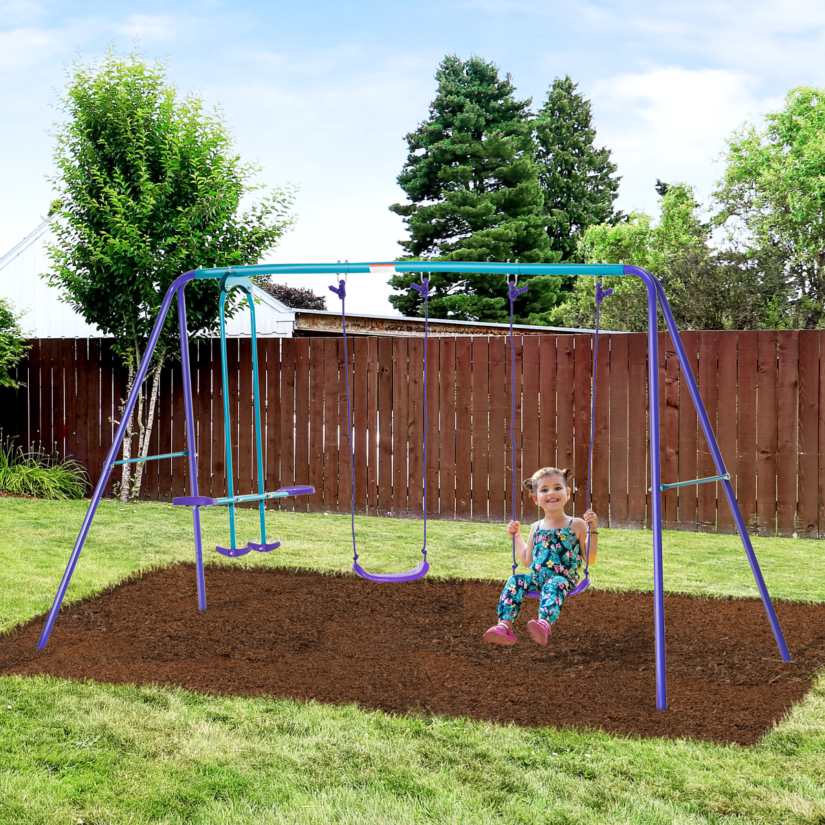 Outsunny Metal 2 Swings & Seesaw Set Height Adjustable Outdoor Play Set, Green