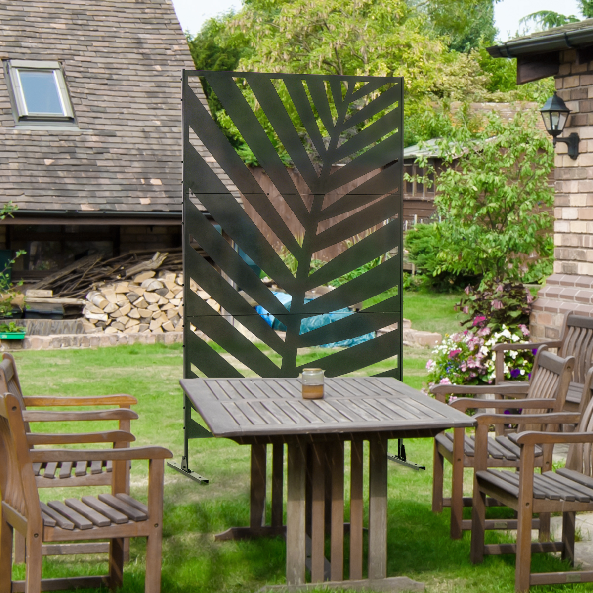 Outsunny 6.5FT Metal Outdoor Privacy Screen Panel with Stand, Banana Leaf Style