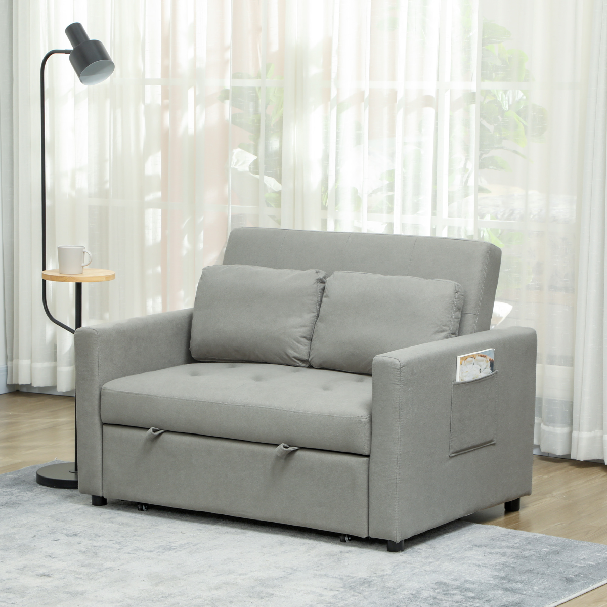 HOMCOM 2 Seater Sofa Bed Convertible Bed Settee with Cushions, Pockets, Grey