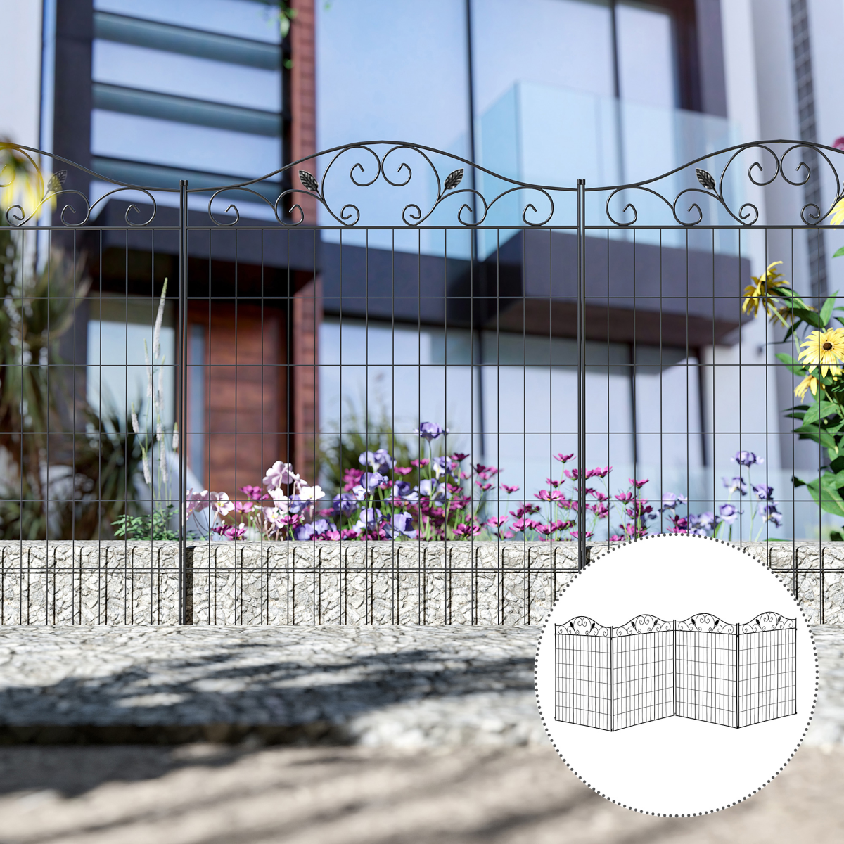 Garden Decorative Fence 4 Panels 44in x 12ft Steel Wire Border Edging Outsunny