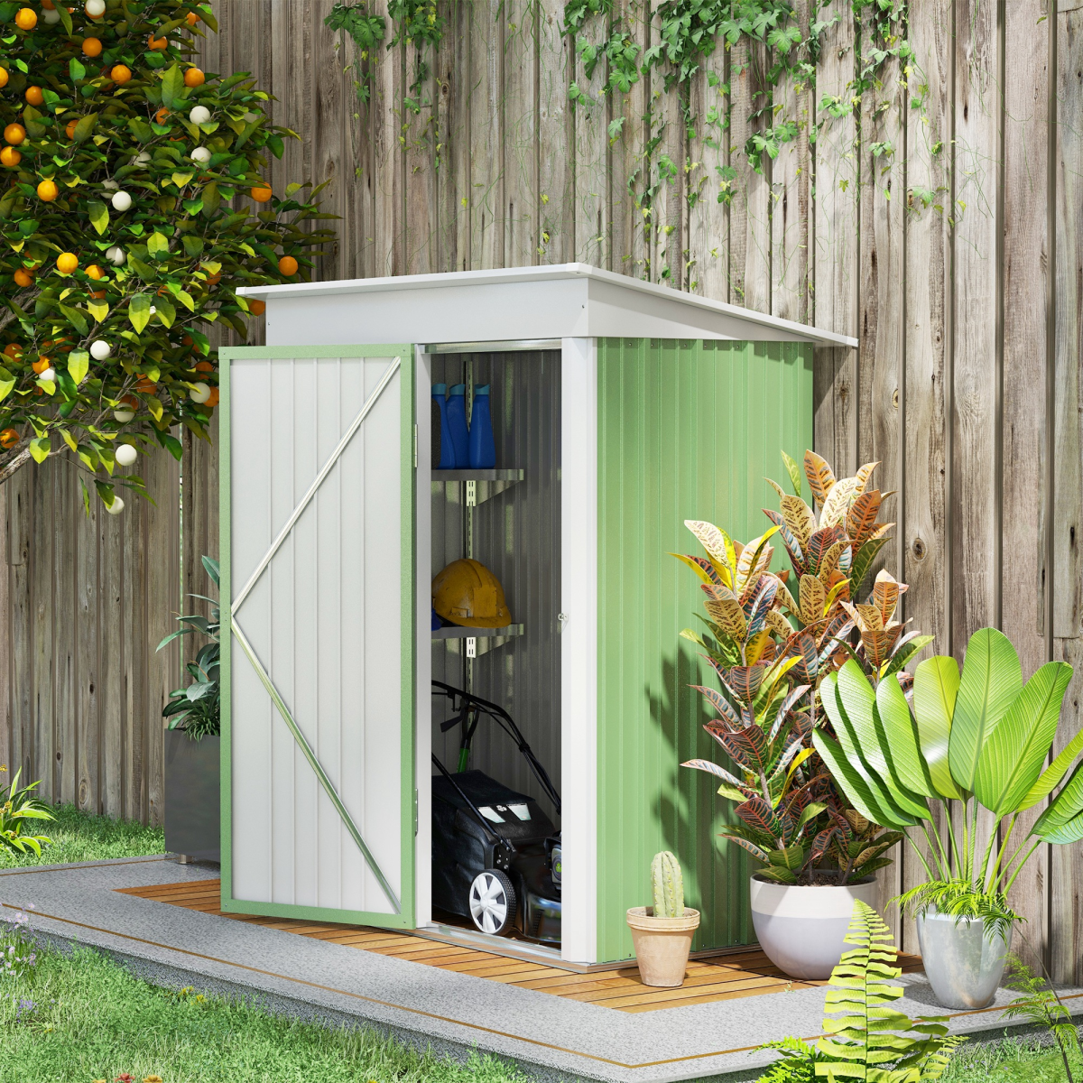 Outsunny Steel Garden Shed, Small  Lean-to Shed for Bike Tool, 5x3 ft, Green