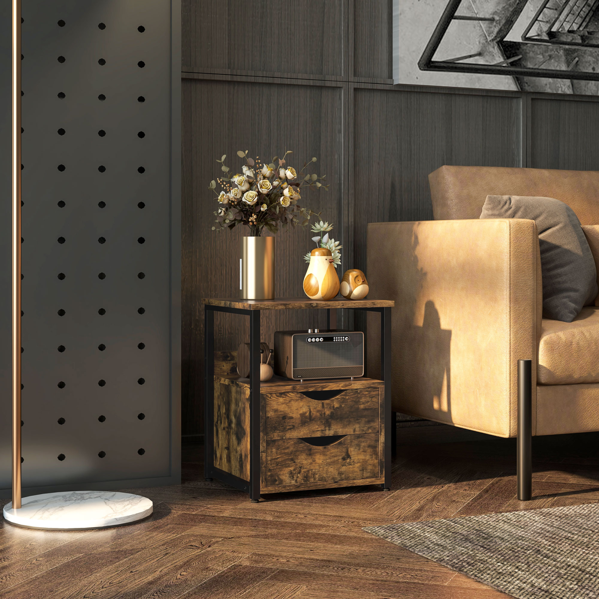 HOMCOM End Table Bedside Desk Slim Storage Cabinet with Shelf Rustic Brown