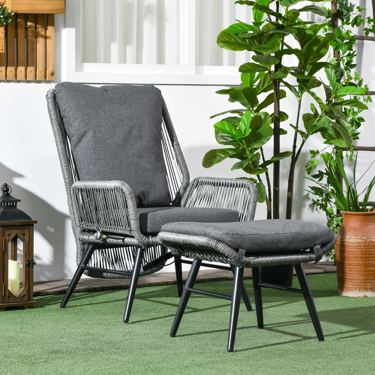Outsunny Garden Rattan Leisure Chair Set with Adjustable Backrest, Grey