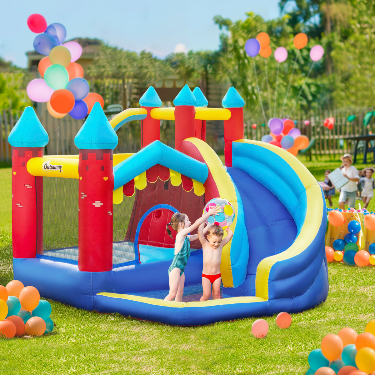Kids Bouncy Castle with Slide Pool Trampoline Climbing Wall w/ Blower