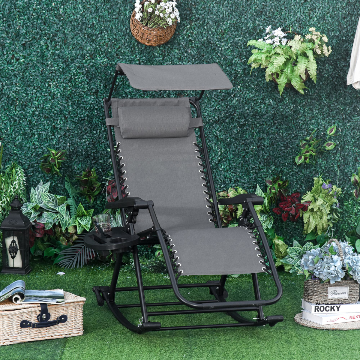 Folding Recliner Chair Outdoor Lounge Rocker Zero-Gravity Seat, Grey