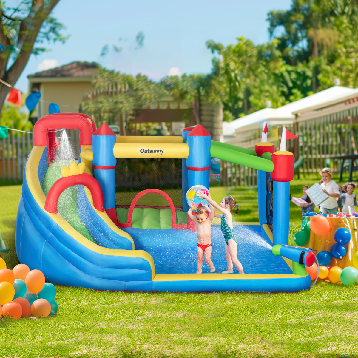 Kids Inflatable Bouncy Castle 6 in 1 Water Slide Water Gun Air Blower