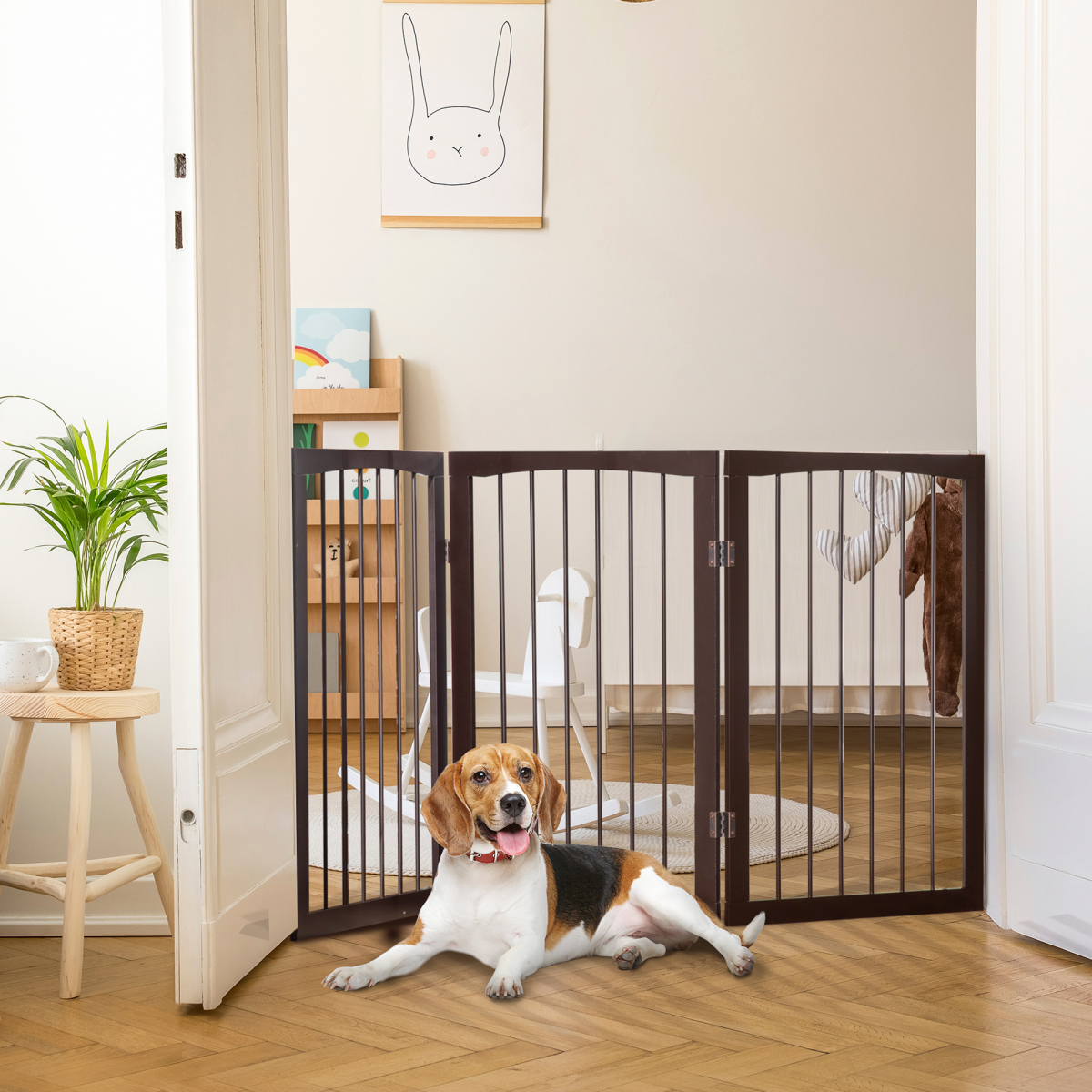 Folding Pet Gate Dog Fence Child Safety Indoor Durable Free Standing Pine Wood
