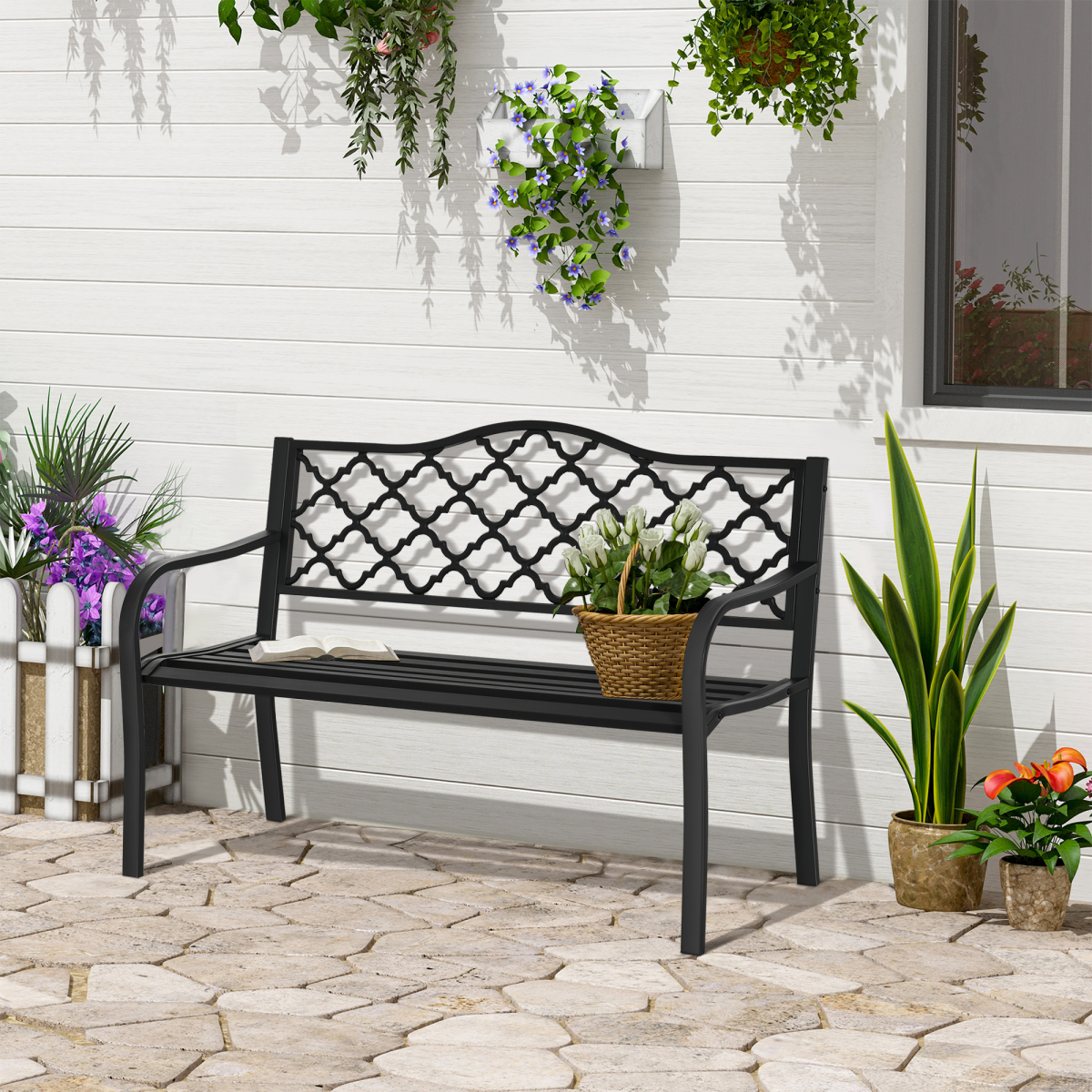 2-Seater Outdoor Garden Bench Antique Steel Armrest,