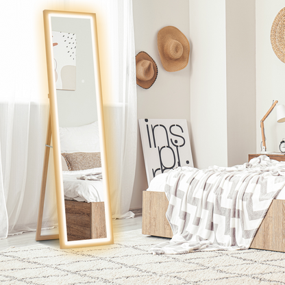 HOMCOM Dimming Full Length Mirror w/ Lights Standing Leaning Wall Mount Oak