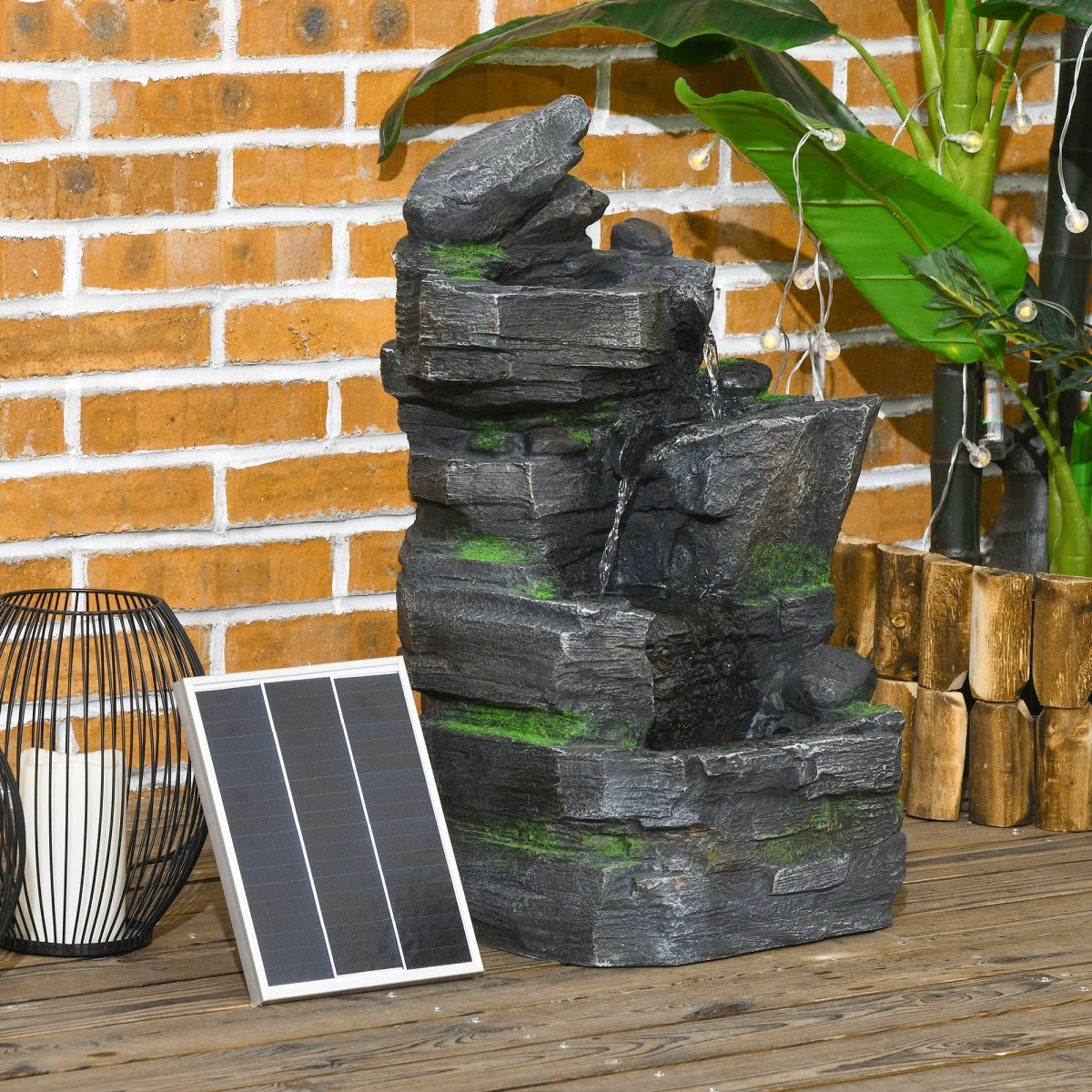 Outsunny Garden Fountain, Outdoor Water Feature With LED Light, Dark Grey