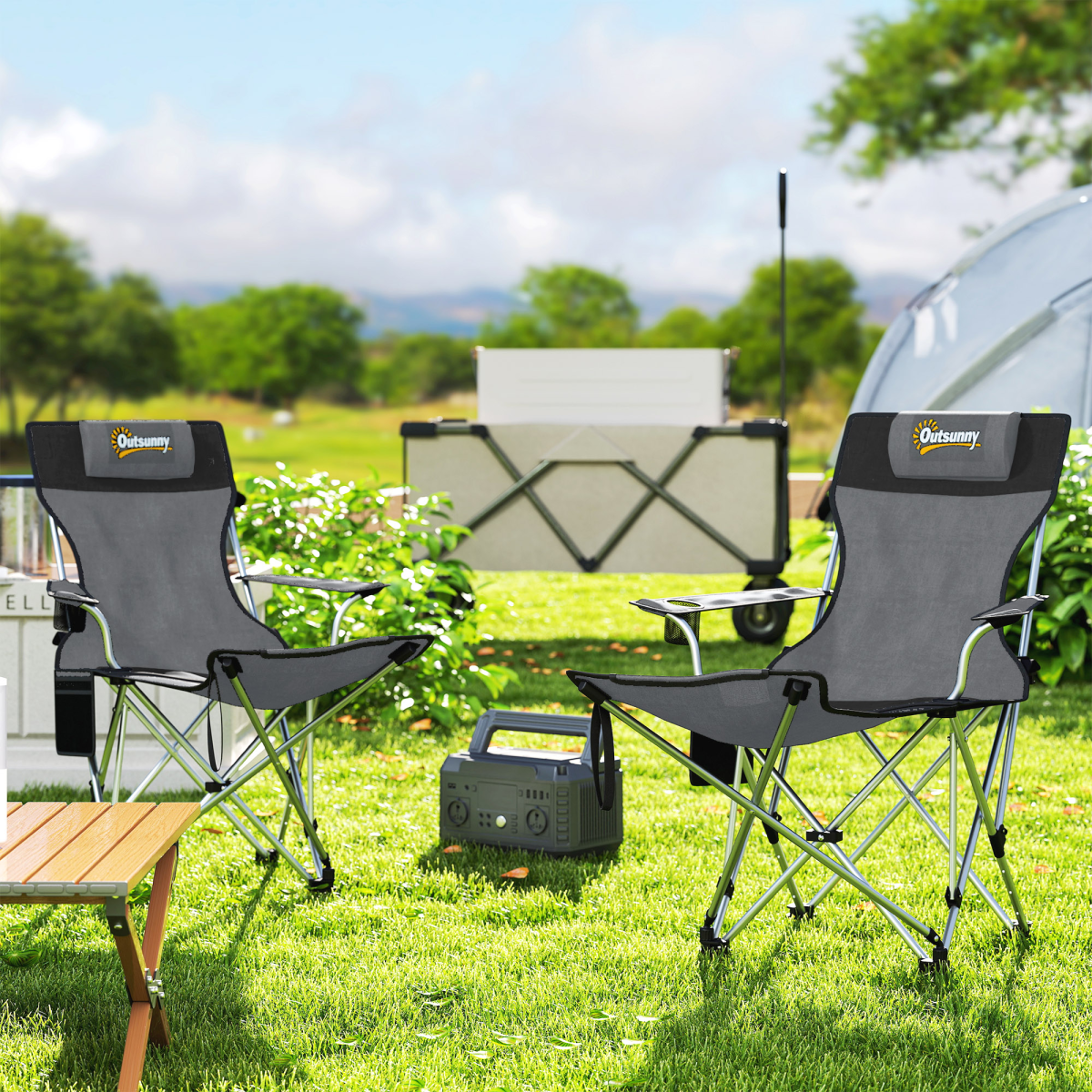 Outsunny Set of 2 Reclining Camping Chairs, Grey and Black