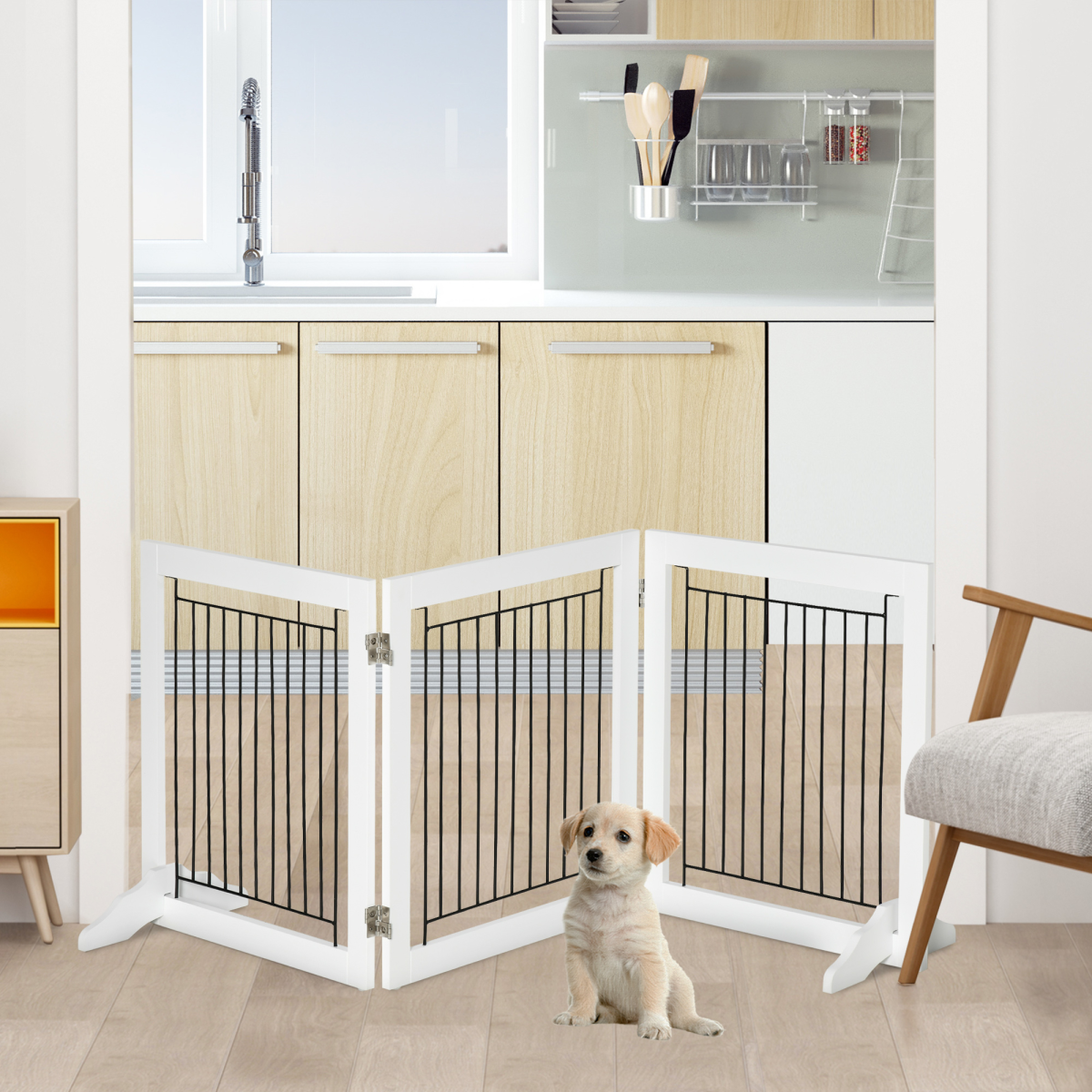 Foldable Dog Gate Freestanding Wooden Pet Barrier w/ 3 Panels, 2 Support Feet