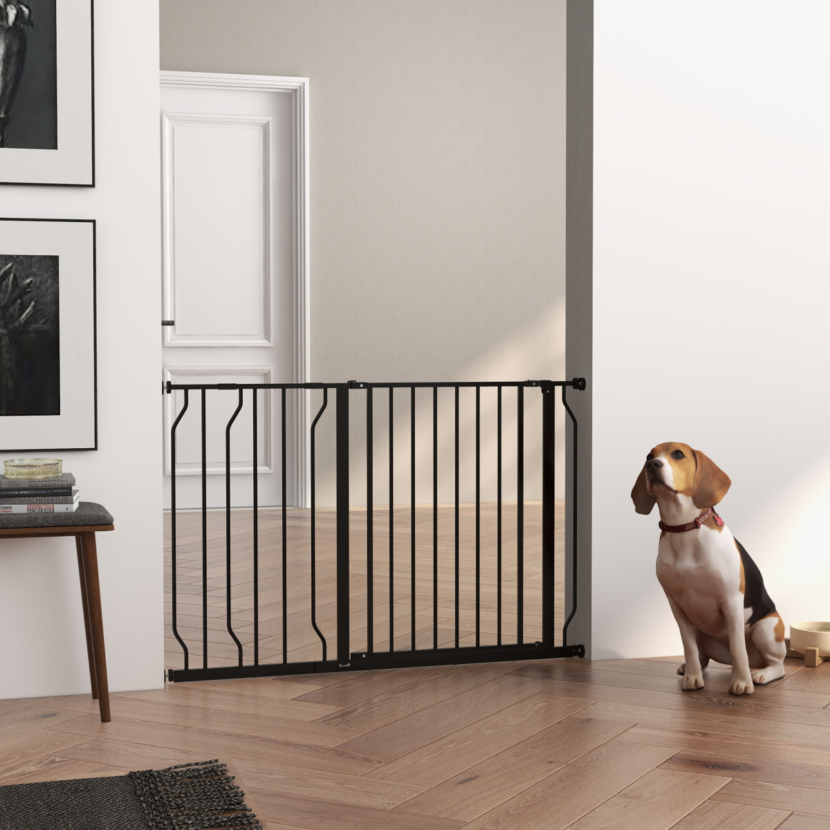 PawHut Dog Gate Wide Stair Gate with Door Pressure Fit, 75-115W cm, Black