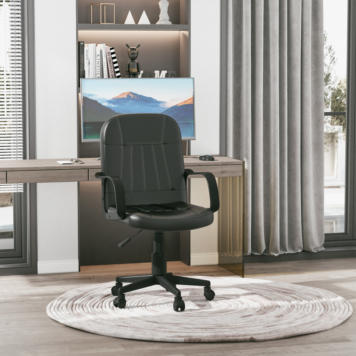 HOMCOM PU Leather Office Chair Swivel  Mid-Back Computer Desk Chair, Black