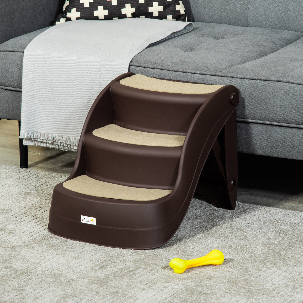 Portable Dog Steps Non-slip Pet Stairs 3-Step Design for High Beds Sofas, Brown