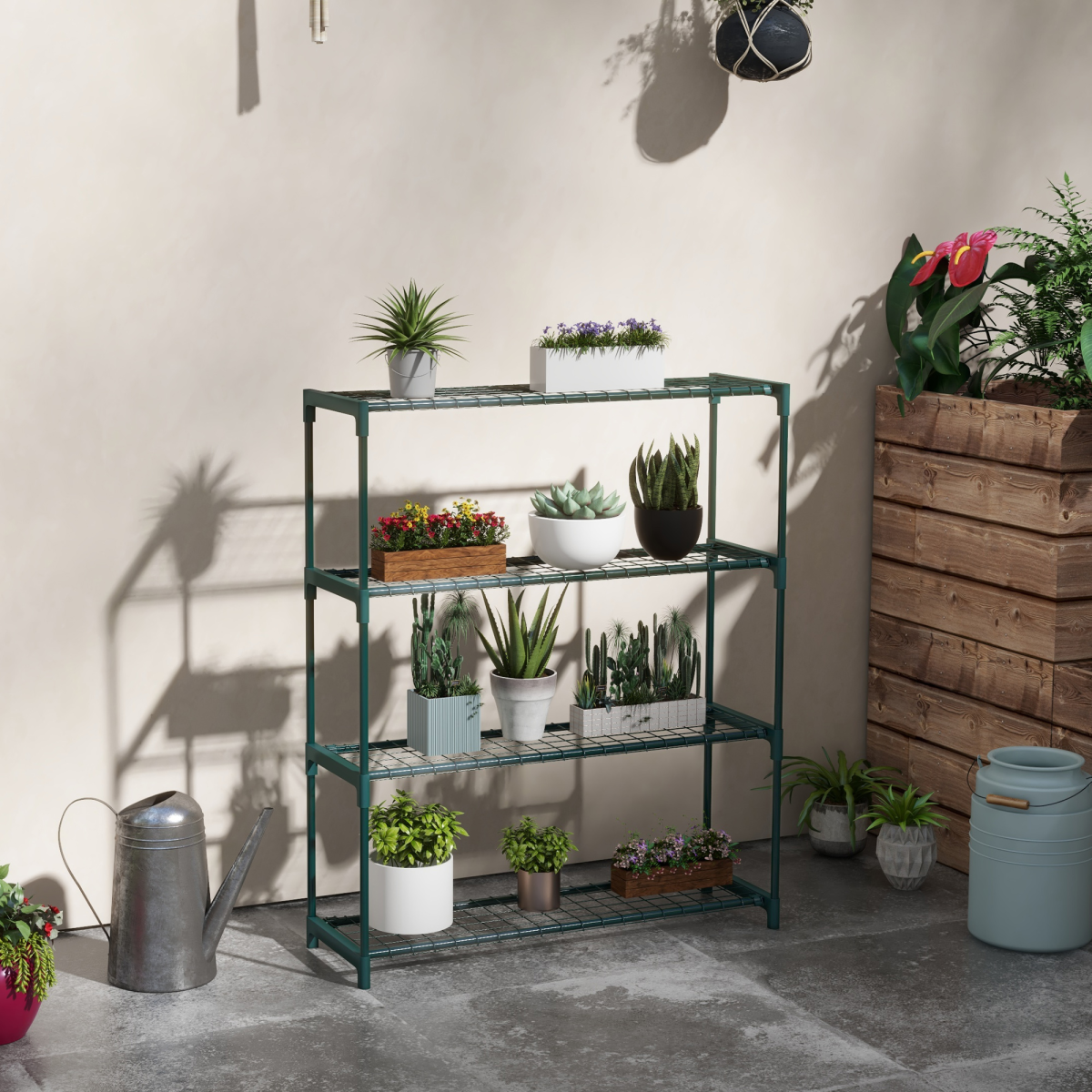 Outsunny Plant Stand, 4-Tier Planter Holder Flower Display Rack, Dark Green