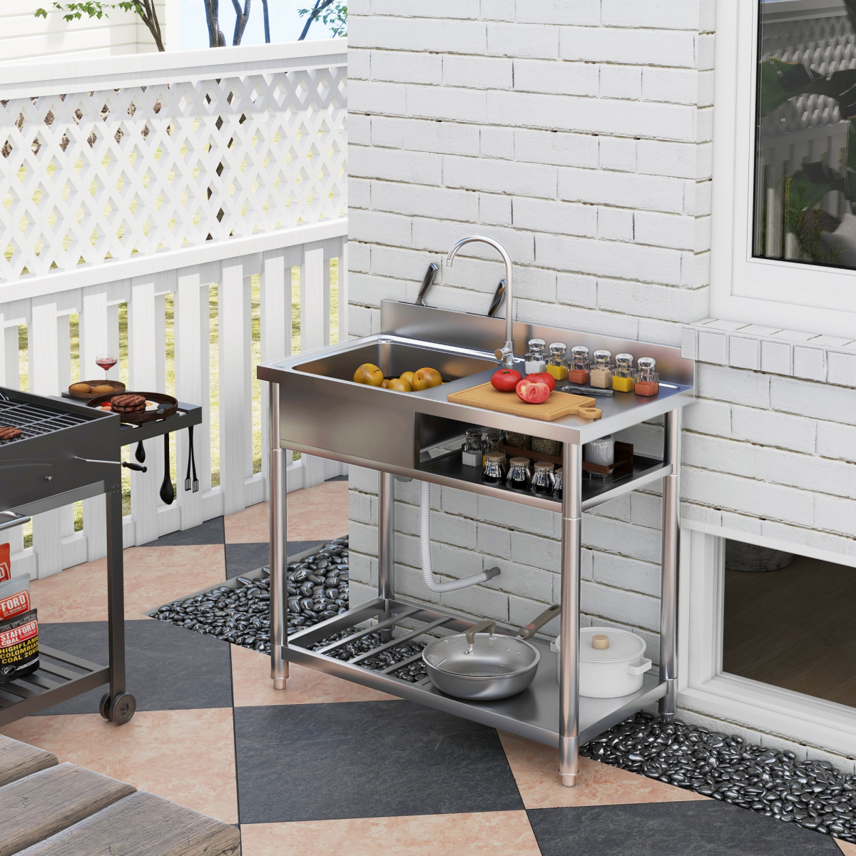 HOMCOM Outdoor Kitchen Sink Unit with Cold and Hot Water Pipe